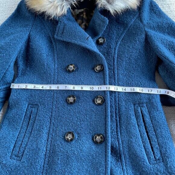 🔥NWT Laundry By Shelli Segal Wool Blend Double Breasted Faux Fur Collar Teal - Picture 10 of 13